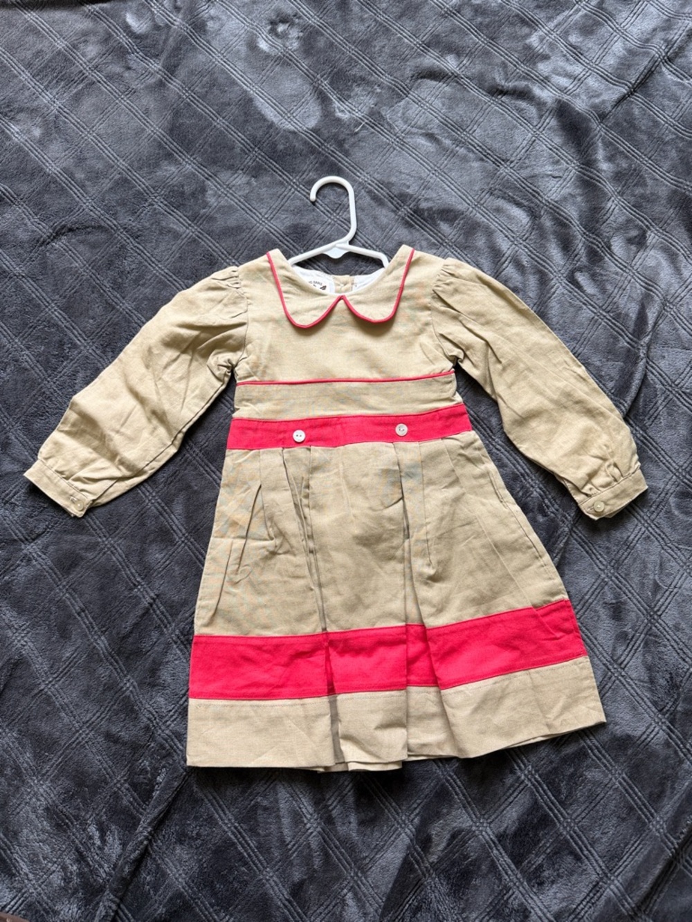 Beige and Red Trim Long-Sleeve Girls Dress